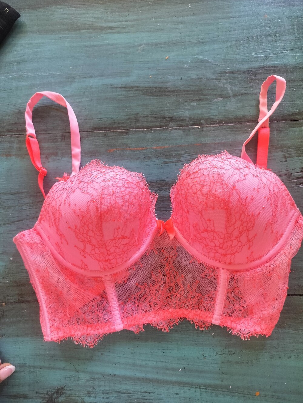 Victorias Secret Like New Lace Longline Push-Up Bra - Neon Coral Pink